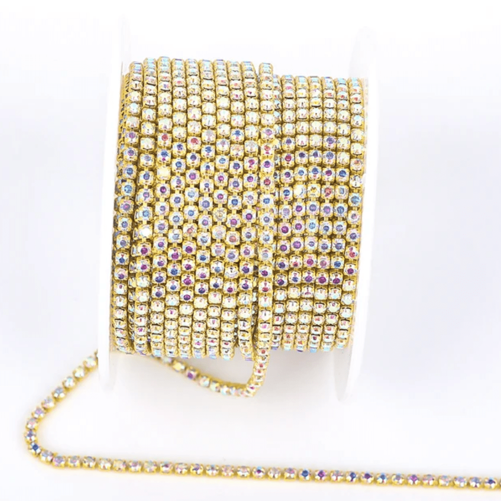 Ss6 AB Stone on Yellow Coloured Metal Rhinestone Chain (Sold in 36") SS6 Metal Rhinestone Chain