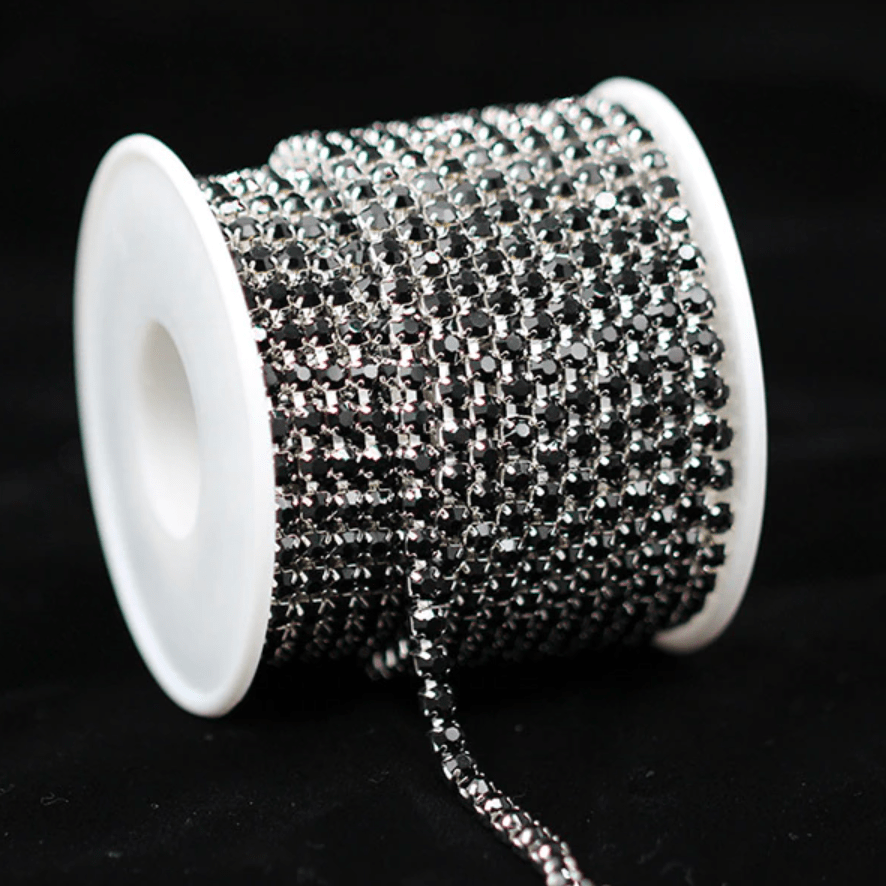 Ss6 Black Stone on Silver DENSE, Rhinestone Metal Cup Chain (Sold per Yard) Ss6 Metal Rhinestone Chain