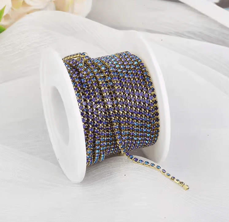 Ss6 Blue FLAME Stone on Gold Coloured Metal Rhinestone Chain SS6 Metal Rhinestone Chain