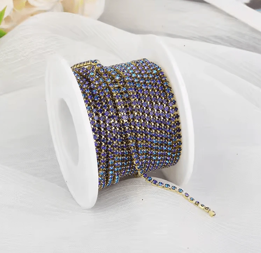 Ss6 Blue FLAME Stone on Gold Coloured Metal Rhinestone Chain SS6 Metal Rhinestone Chain