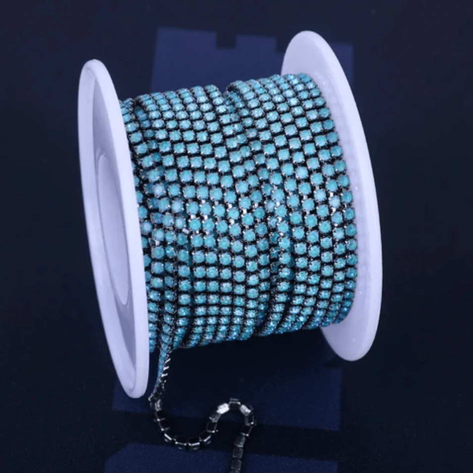 Ss6 Blue Neon Opal stone on Gunmetal Coloured Metal Rhinestone Chain ...