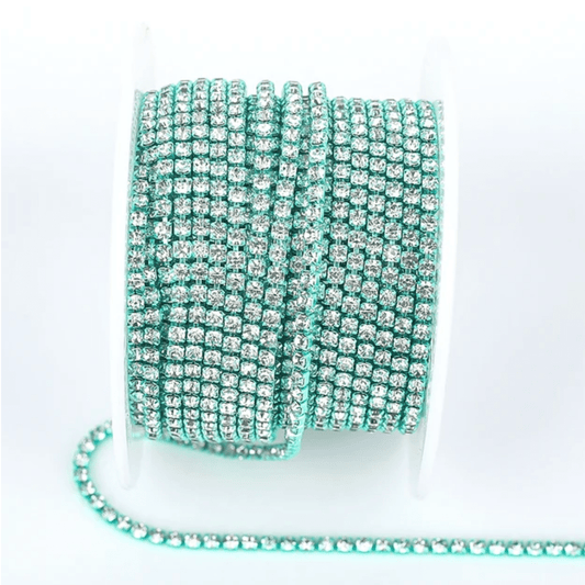 Ss6 Clear Stone on Teal Green Coloured Metal Rhinestone Chain (Sold in 36") SS6 Metal Rhinestone Chain