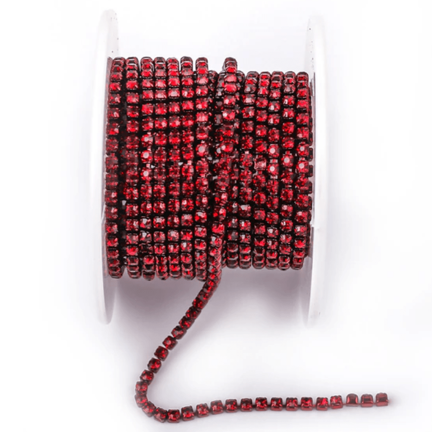 Ss6 Dark Red Stone on Red Coloured Metal Chain, Sold in yard (Sold in 36") SS6 Metal Rhinestone Chain