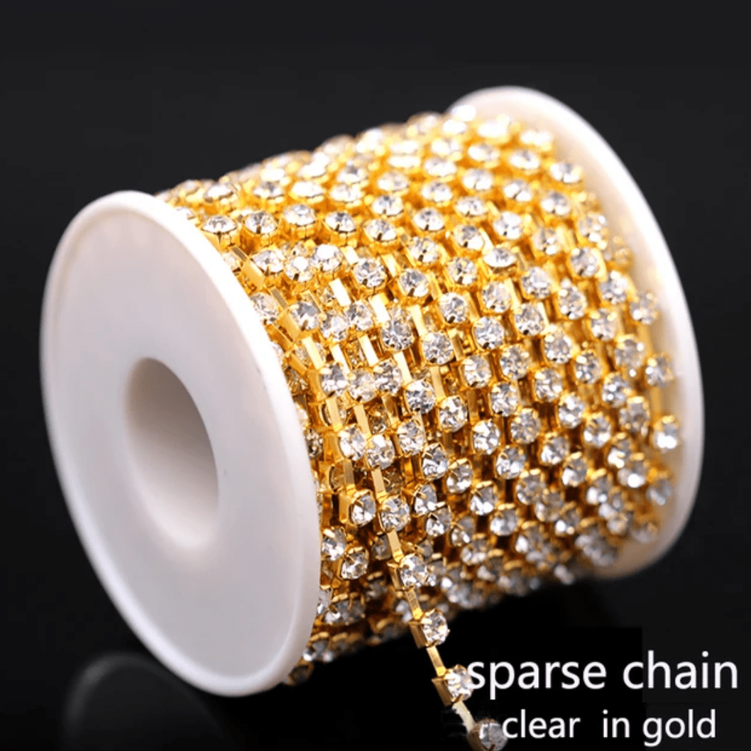 SS6 Gold CLEAR Sparse, Rhinestone Metal Cup Chain, → 10 Yard BULK BUY! Ss6 Metal Rhinestone Chain
