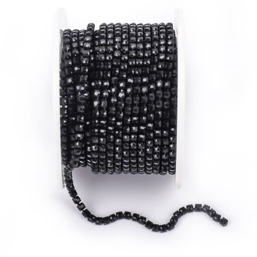 Ss6 Gothic Black Stone, on Darkest BLACK,  Coloured Metal Rhinestone Chain (Sold in 36") SS6 Metal Rhinestone Chain