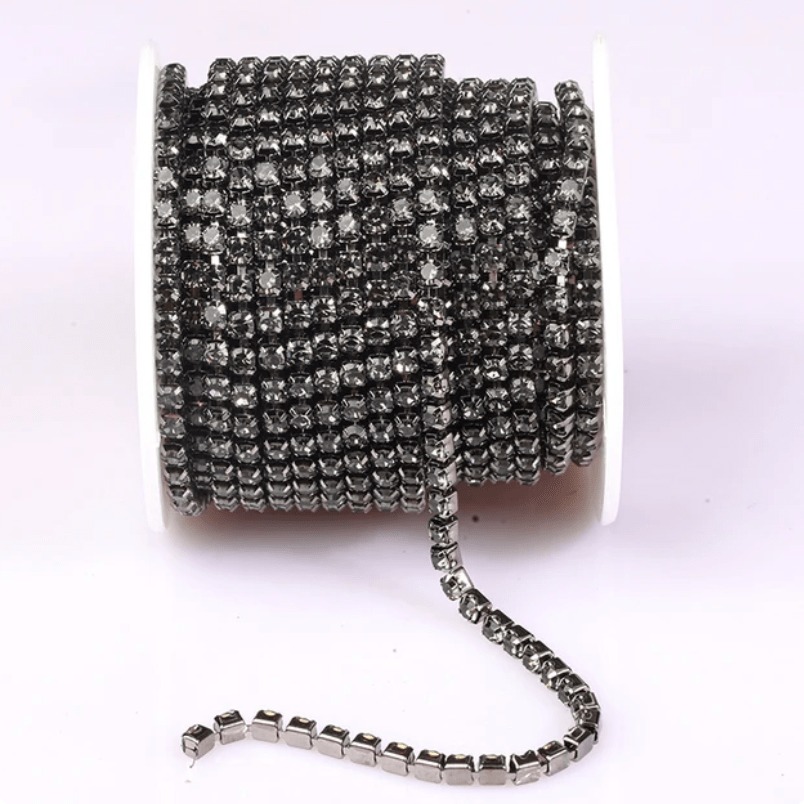 SS6 Grey Stone on GUNMETAL Black DENSE, Rhinestone Metal Cup Chain, → 10 Yard BULK BUY! Ss6 Metal Rhinestone Chain