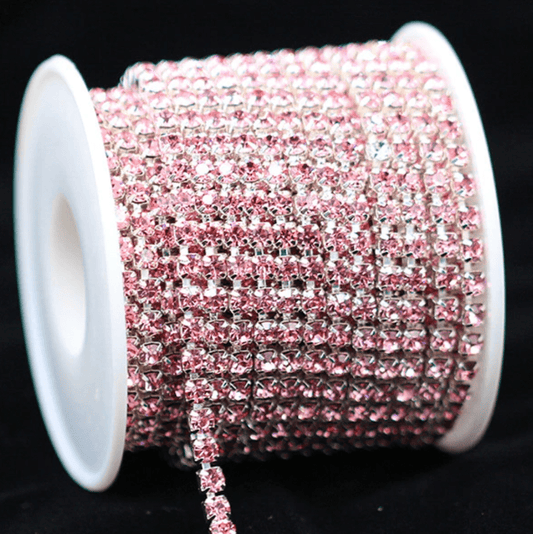 Ss6 Light Pink on SILVER Metal Rhinestone Chain (Sold in 36") SS6 Metal Rhinestone Chain