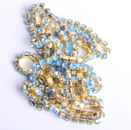 Ss6 Neon Blue AB Opal Stone on Gold Metal Rhinestone Chain (Sold in 36") SS6 Metal Rhinestone Chain