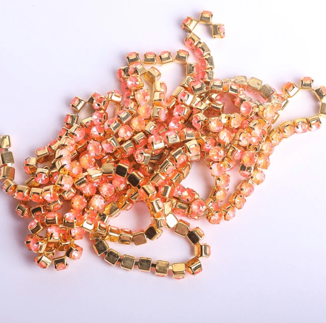 Ss6 Neon Coral Orange AB Opal Stone on Gold Metal Rhinestone Chain (Sold in 36") SS6 Metal Rhinestone Chain
