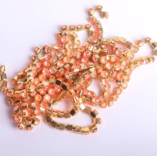 Ss6 Neon Coral Orange AB Opal Stone on Gold Metal Rhinestone Chain (Sold in 36") SS6 Metal Rhinestone Chain