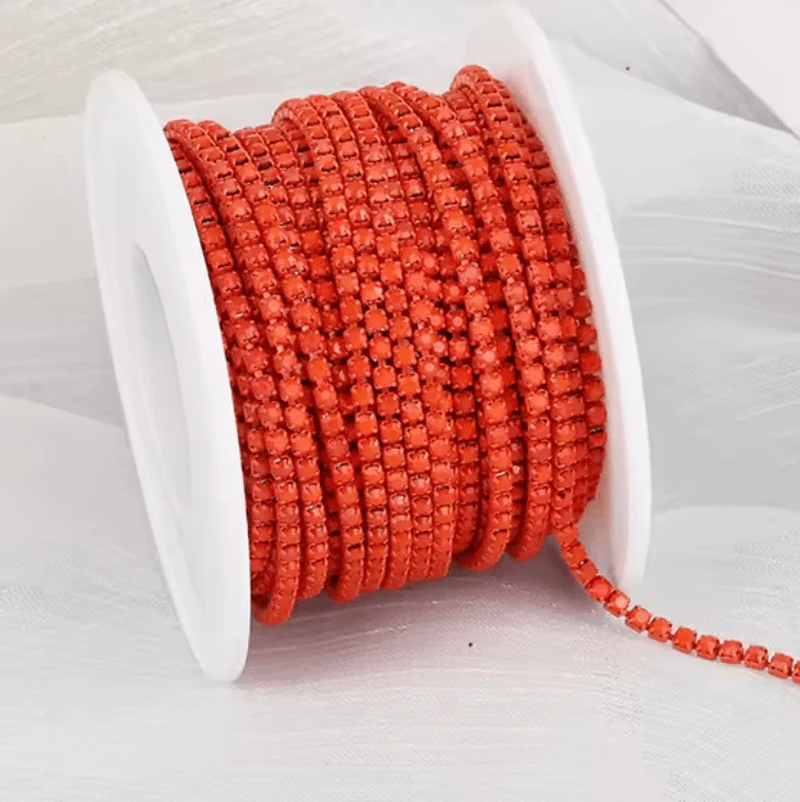 Ss6 Neon Coral Red Opal Stone on Red Coloured Metal Rhinestone Chain (Sold in 36") SS6 Metal Rhinestone Chain