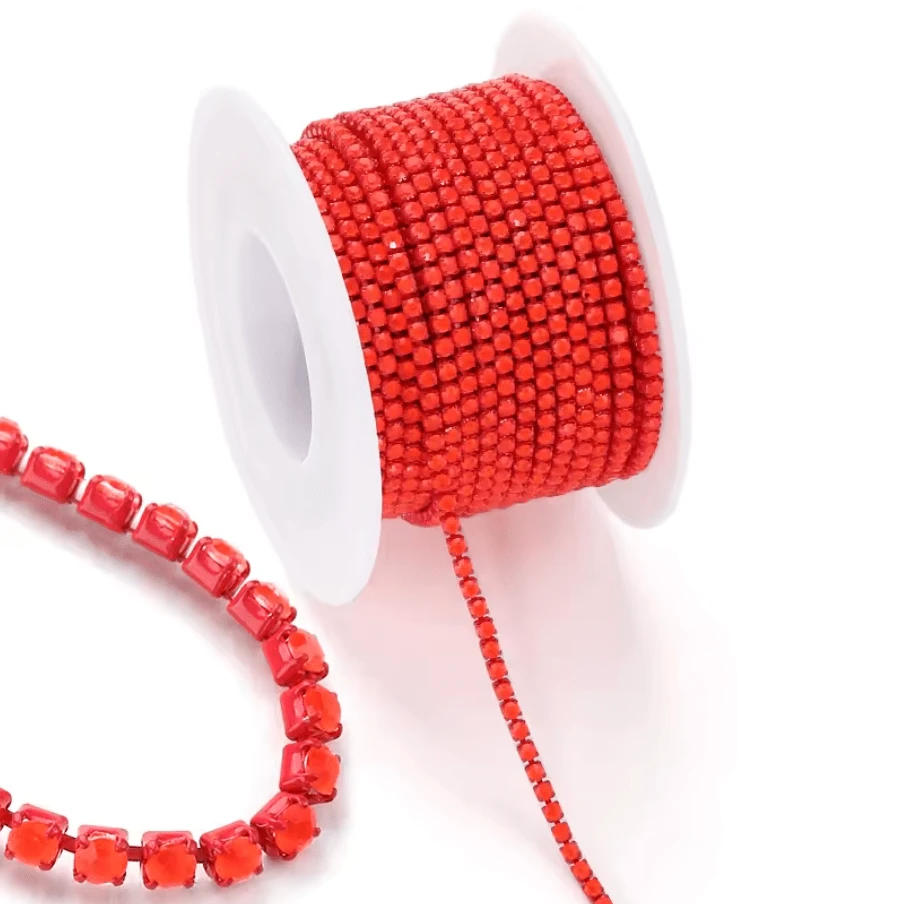 Ss6 Neon Dark Pink Rose Opal Stone on Red Coloured Metal Rhinestone Chain (Sold in 36") SS6 Metal Rhinestone Chain