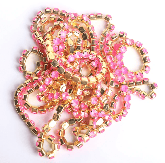 Ss6 Neon HOT Pink AB Opal Stone on Gold Metal Rhinestone Chain (Sold in 36") SS6 Metal Rhinestone Chain