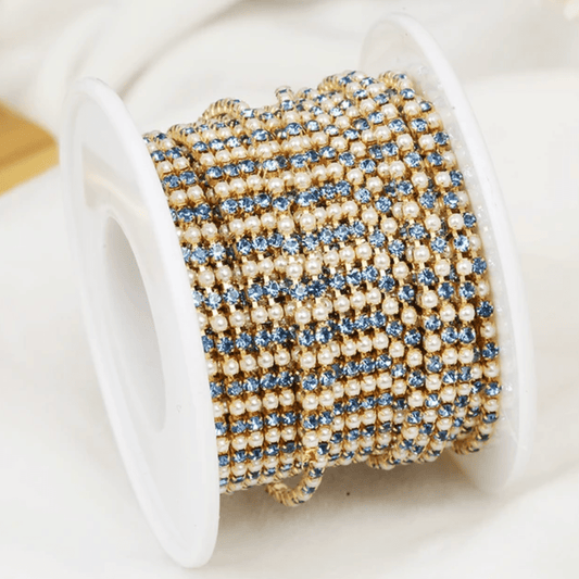 Ss6 Pearl and Blue Stones (Alternating) on Gold Metal Rhinestone Chain (Sold by 36) SS6 Metal Rhinestone Chain