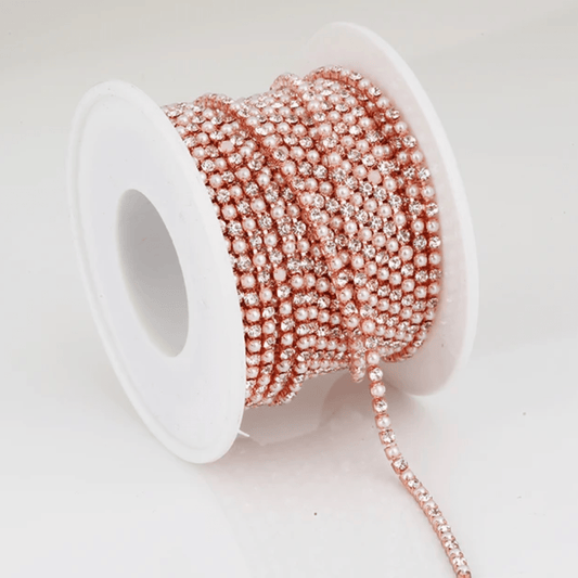 Ss6 Pearl and Clear Stones (Alternating) on Rose Gold Metal Rhinestone Chain (Sold by 36) SS6 Metal Rhinestone Chain