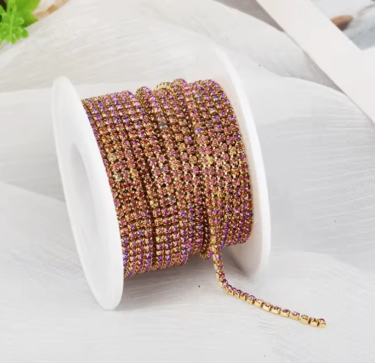 Ss6 Pink FLAME Stone on Gold Coloured Metal Rhinestone Chain SS6 Metal Rhinestone Chain