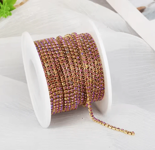 Ss6 Pink FLAME Stone on Gold Coloured Metal Rhinestone Chain SS6 Metal Rhinestone Chain