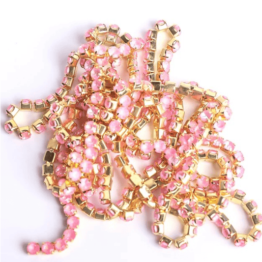Ss6 Pink Neon Opal Stone on Gold Metal Rhinestone Chain (Sold in 36") SS6 Metal Rhinestone Chain