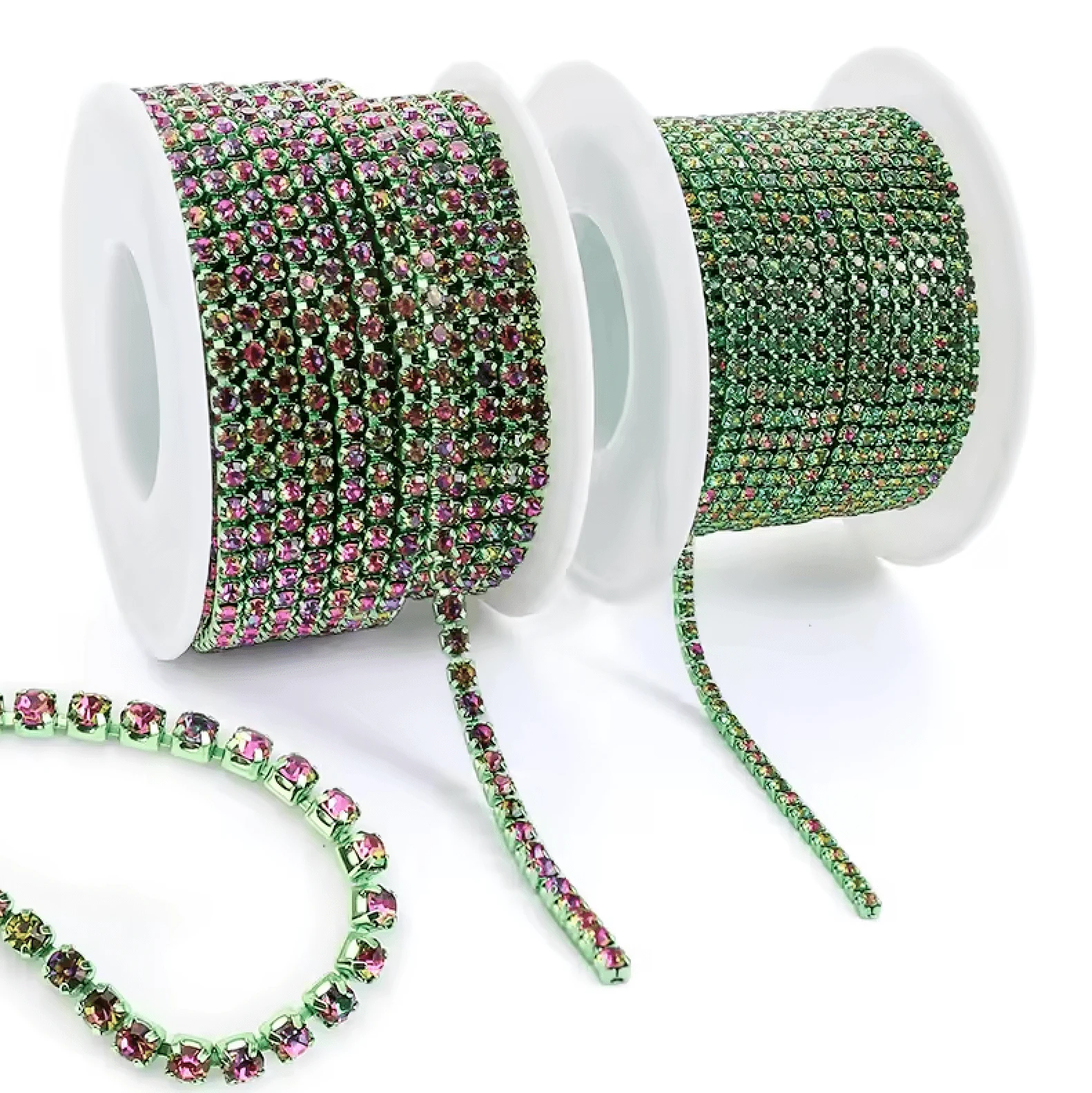 Ss6 Watermelon Pink Stone on Green Coloured Metal Rhinestone Chain (Sold in 36") SS6 Metal Rhinestone Chain