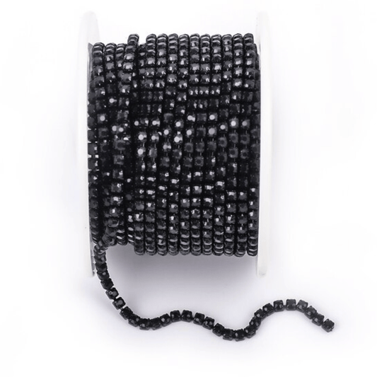 Ss8 Gothic Black Stone, on Darkest BLACK,  Coloured Metal Rhinestone Chain (Sold in 36") Ss8 Metal Rhinestone Chain