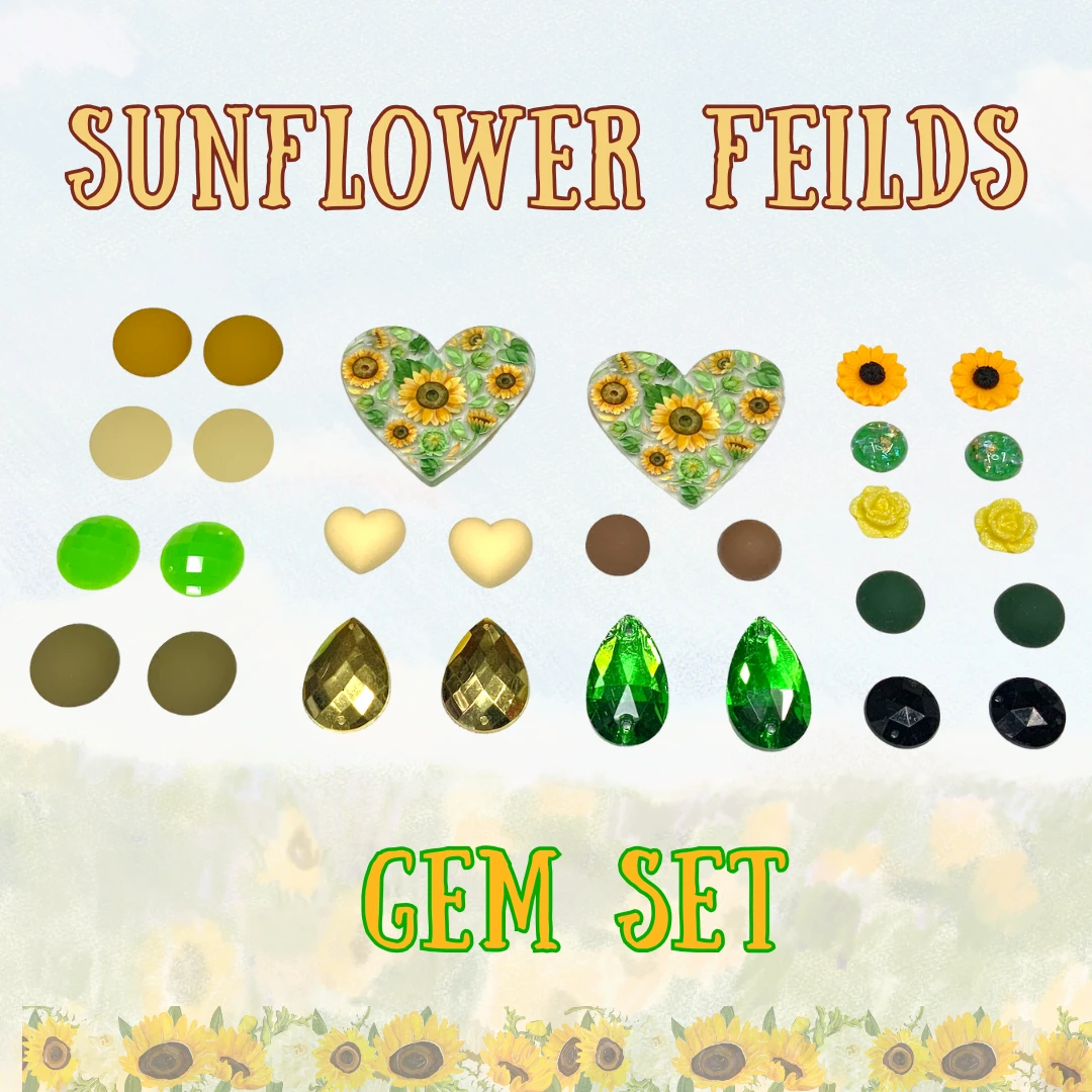 “Sunflower Fields” Yellow Green (14 Pairs) Resin Gem Set, Promotions Sundaylace Creations & Bling