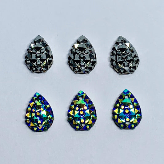 10*13mm, Black-green AB, Black-Blue AB, Gunmetal Grey, & Black-Green AB Crinkle Texture Teardrop, Sew on, Resin Gem, (Sold in Pair)
