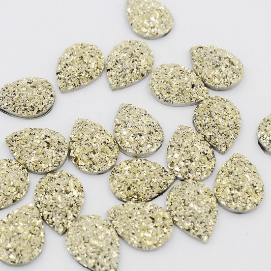 10*14mm, Gold, Mixed Druzy Teardrop in Multiple Colours, Glue on, Resin Gem, (Sold in Pair)