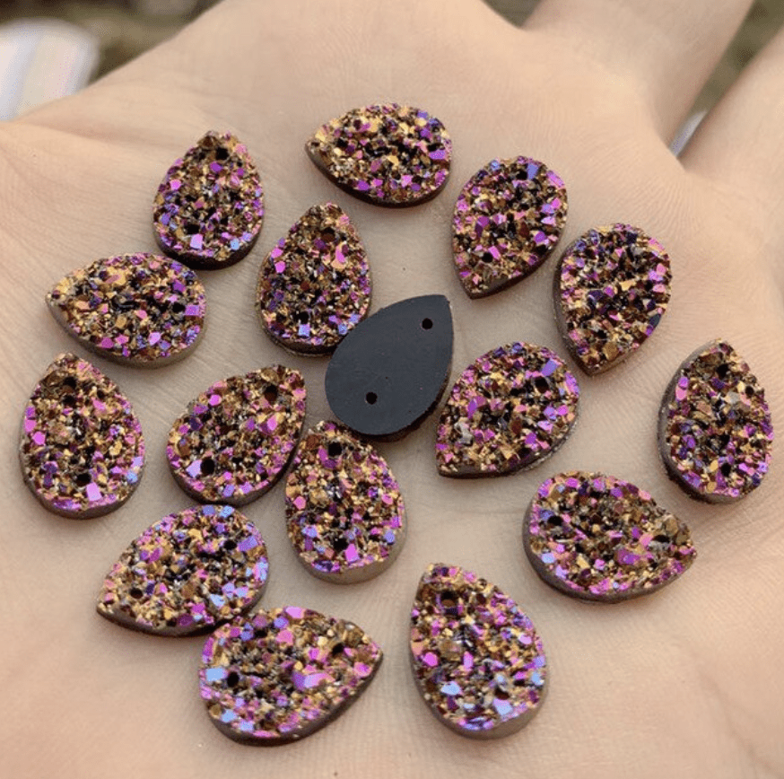 Sundaylace Creations & Bling Resin Gems Gold *Pink AB Druzy 10*14mm Teardrop Faux Druzy in Multiple Colours, Glue on, Resin Gem