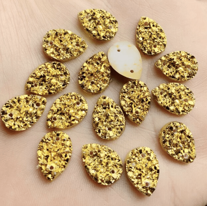 Sundaylace Creations & Bling Resin Gems Gold Metallic 10*14mm Teardrop Faux Druzy in Multiple Colours, Glue on, Resin Gem