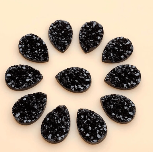 10*14mm, Black Druzy, Teardrop Faux Druzy in Multiple Colours, Glue on, Resin Gem, (Sold in Pair)