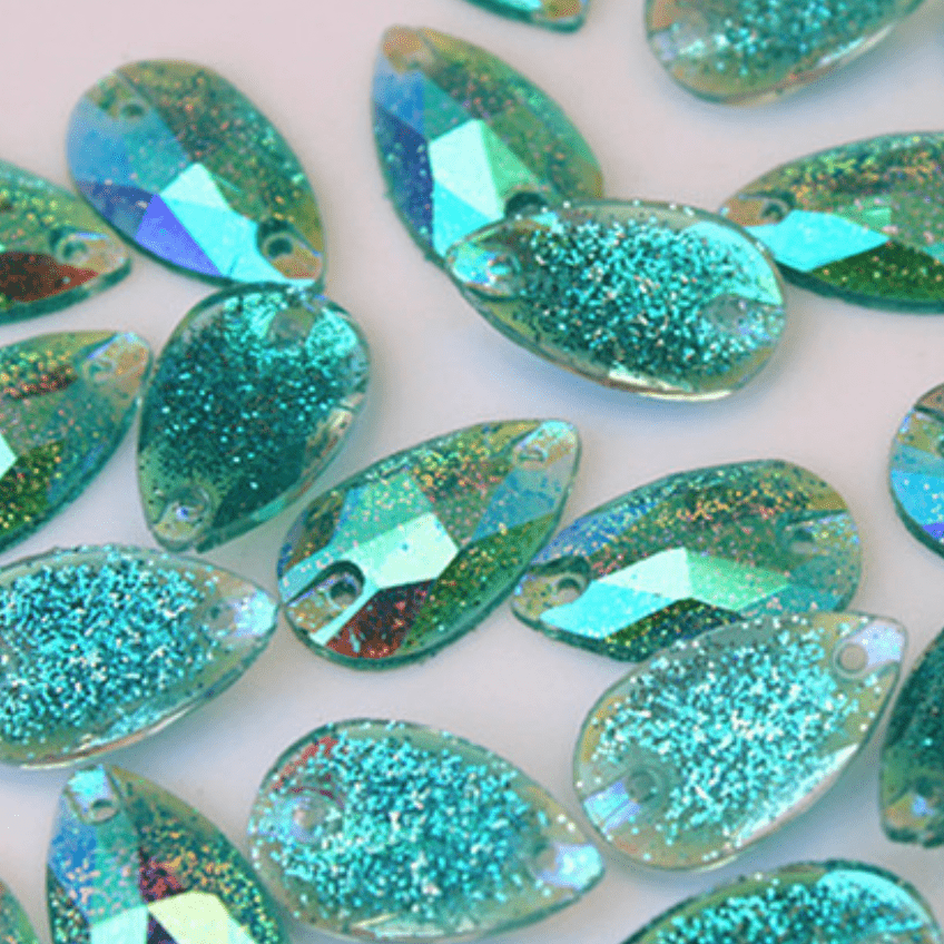 Sundaylace Creations & Bling Resin Gems AB Glitter Aqua 10*18mm Glitter AB Teardrop, flat back, sew on, Resin Gem (Sold in Pair)