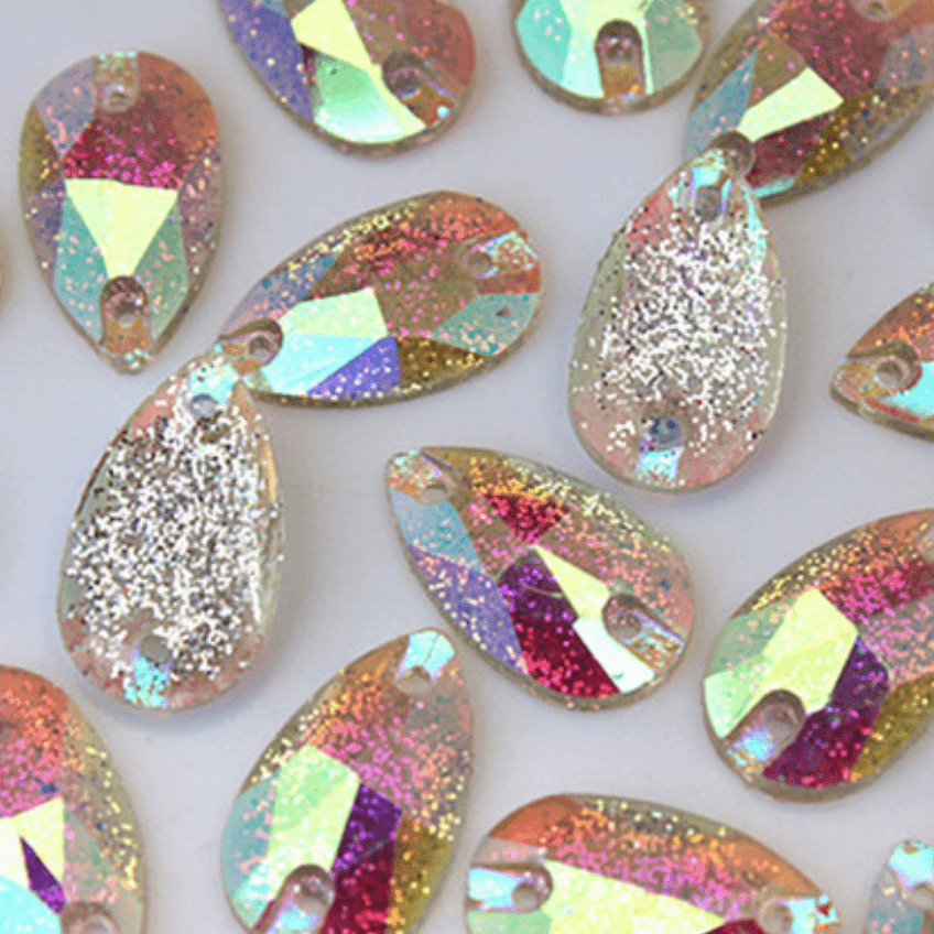 Sundaylace Creations & Bling Resin Gems AB Glitter Clear 10*18mm Glitter AB Teardrop, flat back, sew on, Resin Gem (Sold in Pair)