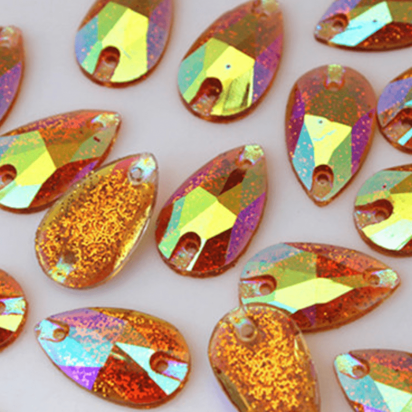 Sundaylace Creations & Bling Resin Gems AB Glitter Yellow 10*18mm Glitter AB Teardrop, flat back, sew on, Resin Gem (Sold in Pair)