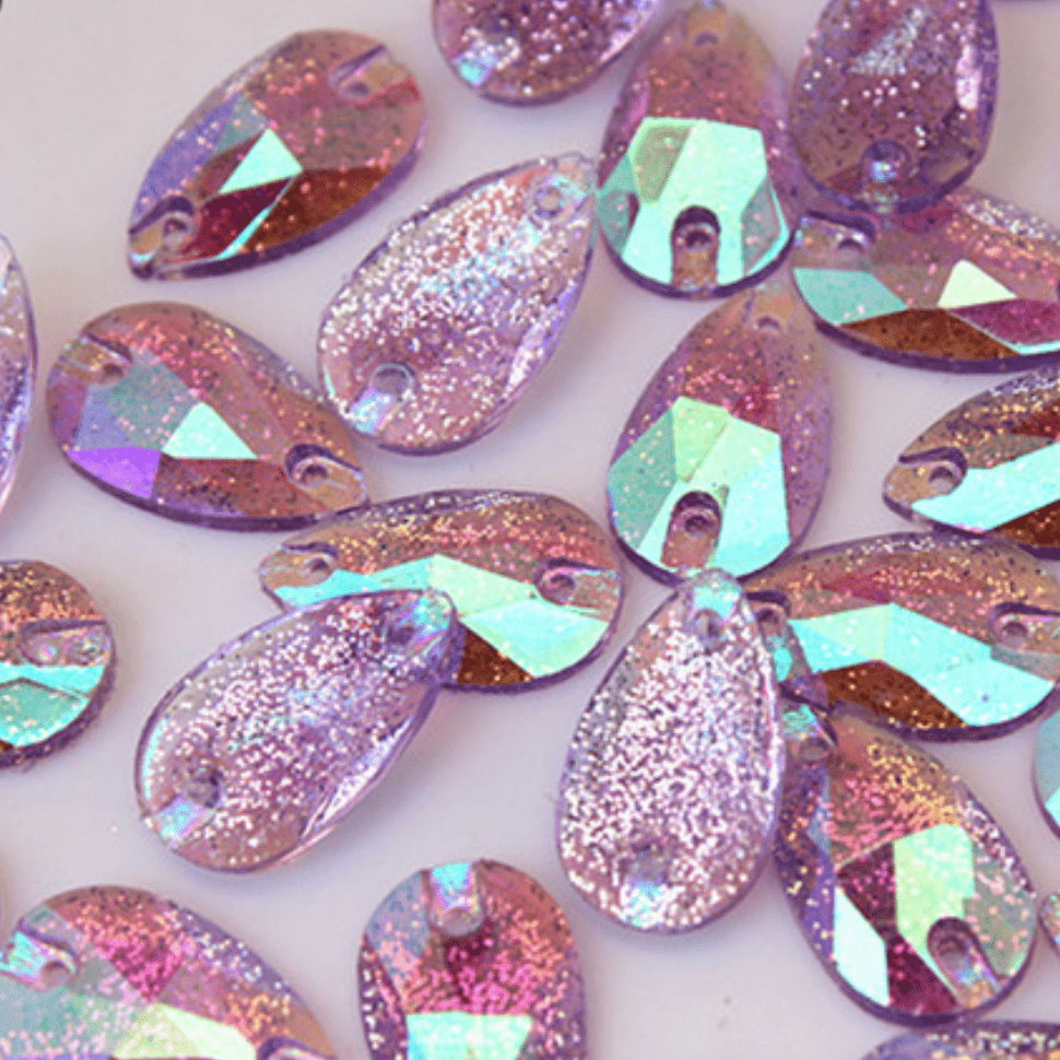 Sundaylace Creations & Bling Resin Gems AB Glitter Purple 10*18mm Glitter AB Teardrop, flat back, sew on, Resin Gem (Sold in Pair)