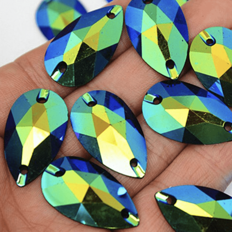 Sundaylace Creations & Bling Resin Gems 10*18mm Lime Green Blue AB Teardrop, Sew on, Black Bottom Resin Gem  Sold in pairs