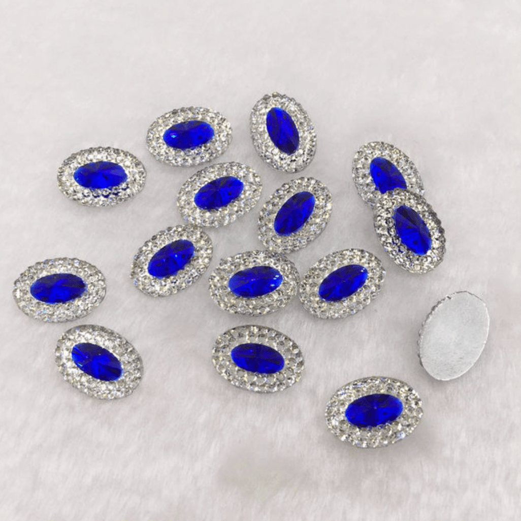 Sundaylace Creations & Bling Resin Gems Cobalt Blue Jewel Oval 10*18mm Mixed Colour with Jewel Silver Frame Oval, Sew On, Resin Gem (Sold in Pair)