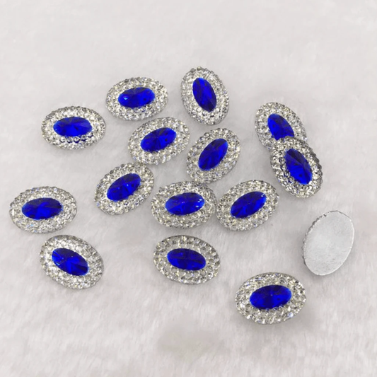 10*18mm, Cobalt Blue Jewel Oval, Mixed Colour with Jewel Silver Frame Oval, Sew On, Resin Gem, (Sold in Pair)