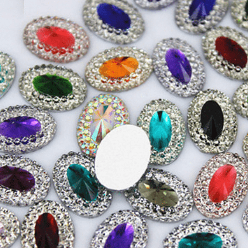 Sundaylace Creations & Bling Resin Gems 10*18mm Mixed Colour with Jewel Silver Frame Oval, Sew On, Resin Gem (Sold in Pair)