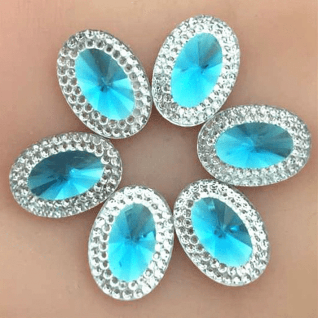 Sundaylace Creations & Bling Resin Gems Aqua Blue Jewel Oval 10*18mm Mixed Colour with Jewel Silver Frame Oval, Sew On, Resin Gem (Sold in Pair)