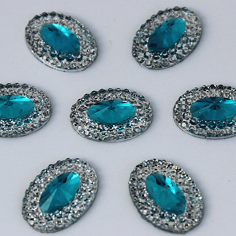 Sundaylace Creations & Bling Resin Gems Teal Blue Jewel Oval 10*18mm Mixed Colour with Jewel Silver Frame Oval, Sew On, Resin Gem (Sold in Pair)