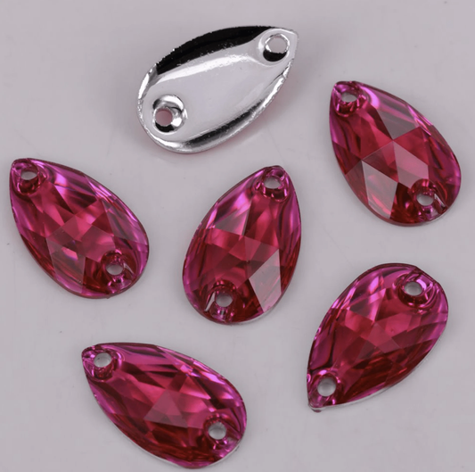 10*18mm, Hot Pink, Multi-colour Teardrop, Sew on, Resin Gem, (Sold in Pair)