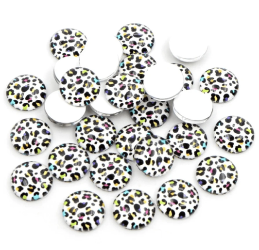 10mm, Black & White With Colourful Spots Cheetah, Cheetah Colourful Animal Acrylic Printed Gem, Glue on, Resin Gems, Resin Gem, (Sold in Pair)