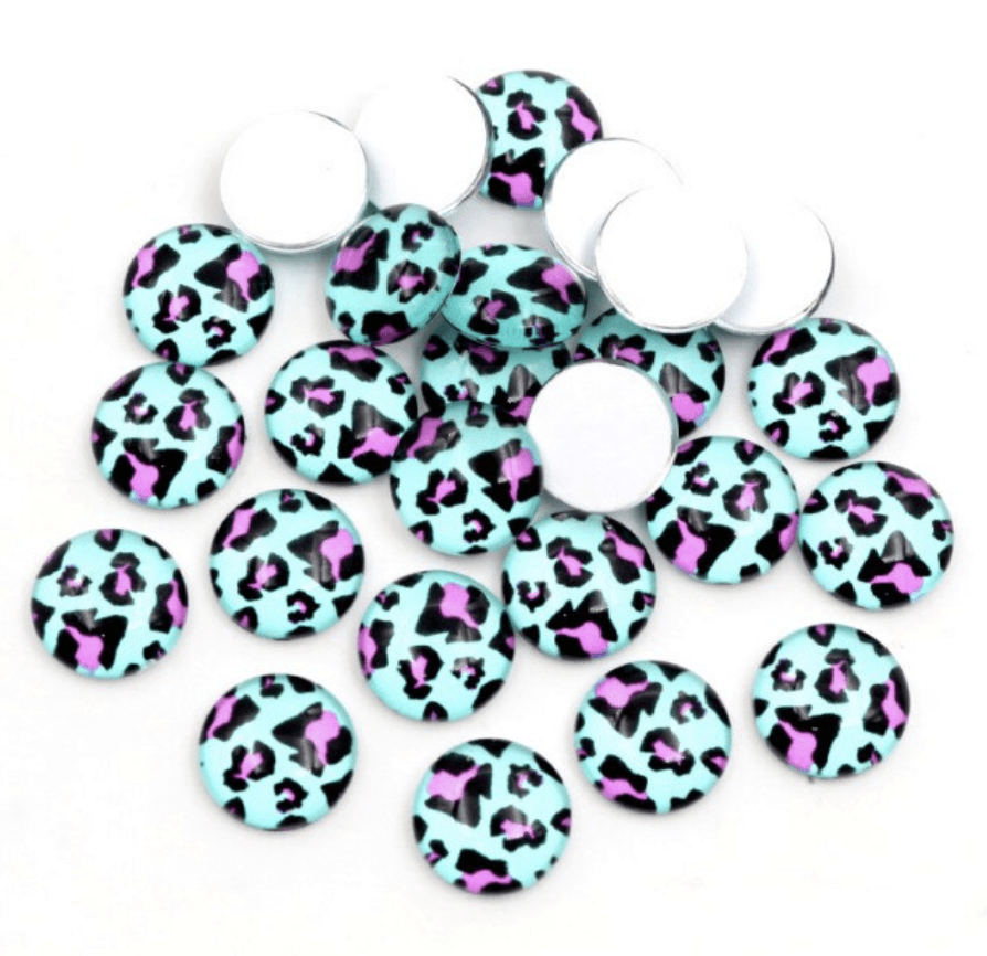 Sundaylace Creations & Bling Resin Gems Teal/Purple Cheetah 10mm Cheetah Colourful Animal Acrylic Printed Gem, Glue on, Resin Gems
