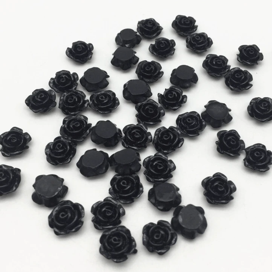 10mm, Black, Colourful Mini Rose Flower, Glue on, Resin Gem, (Sold in Pair)