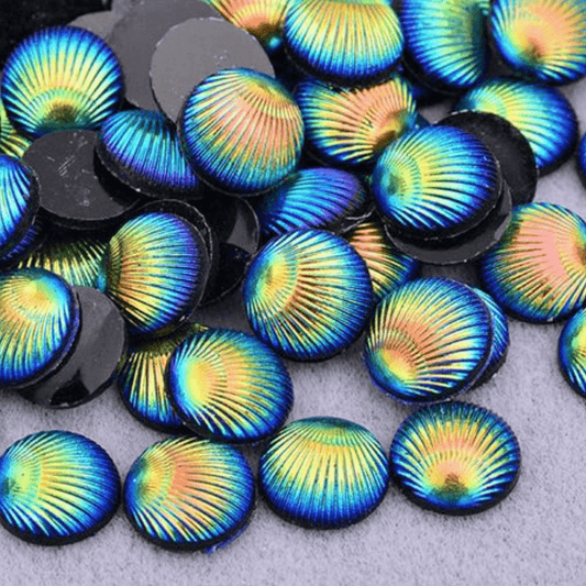 Sundaylace Creations & Bling Resin Gems 10mm Mermaid Shell Texture Blue-Yellow AB Rivoli, Glue on, Black bottom Resin Gem (Sold in Pair)