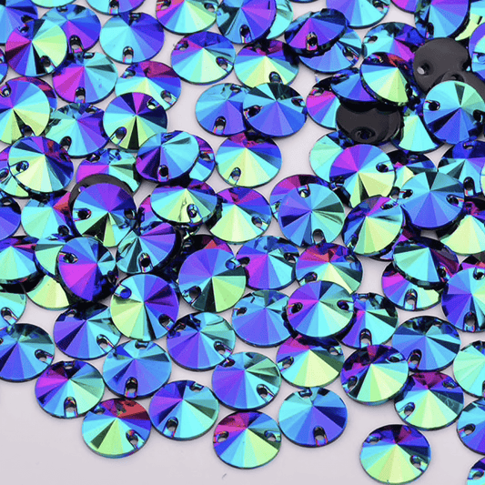 Sundaylace Creations & Bling Resin Gems 10mm Purple/Green/Blue AB, in Rivoli, Sew on, Black AB Resin Gems