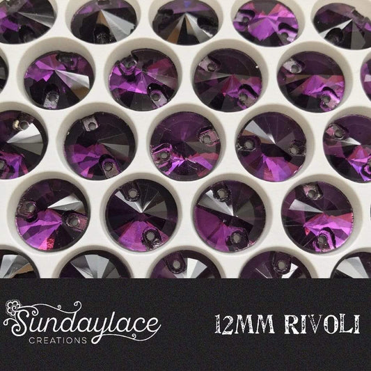 Sundaylace Creations & Bling Glass Gem 12mm Rivoli 12mm Purple Velvet Rivoli Glass Gem, Sew on