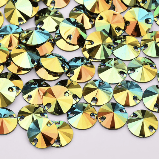 Sundaylace Creations & Bling Resin Gems 10mm Yellow-Green AB Rivoli, Sew on, Black AB Resin Gems
