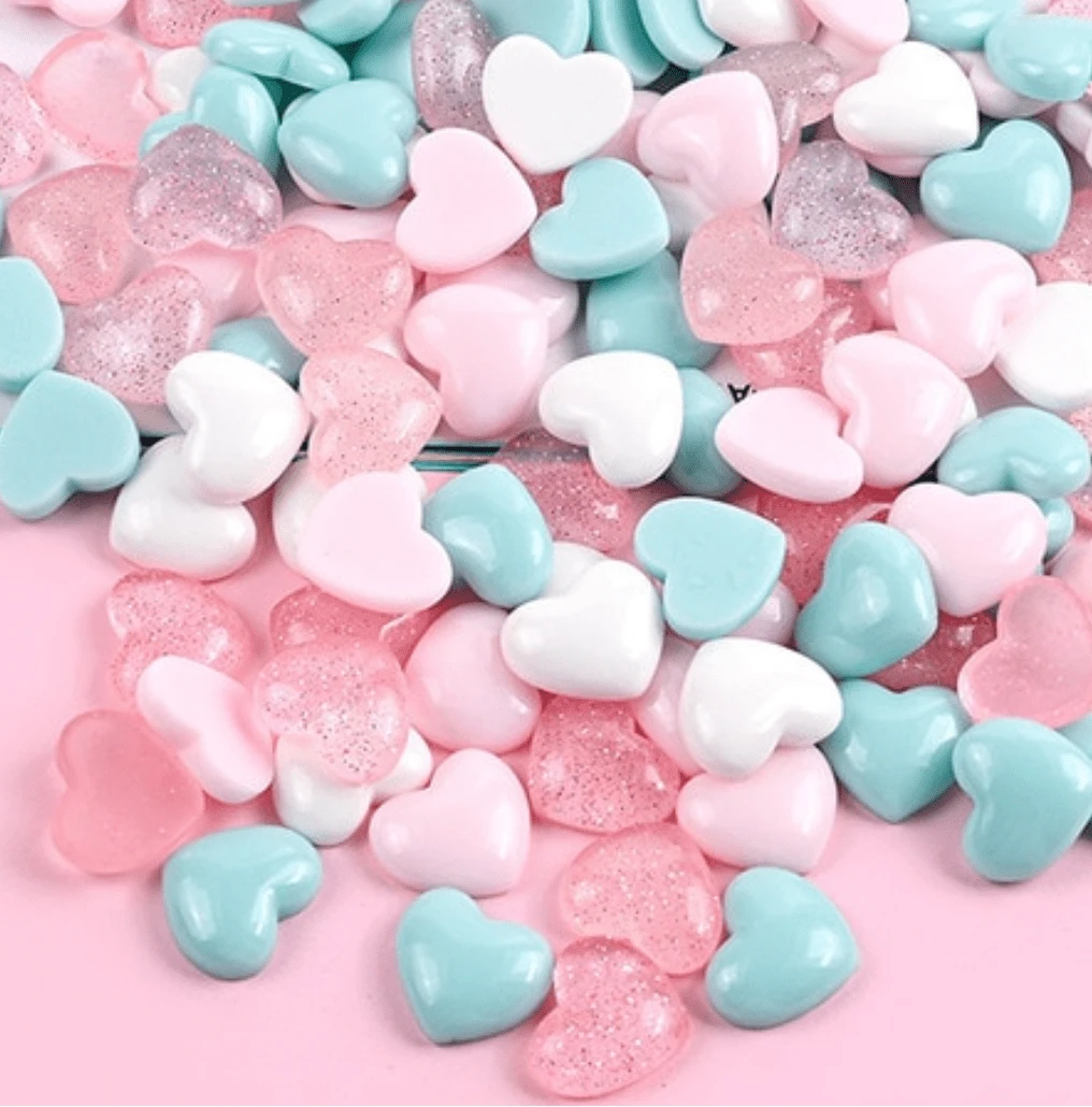 Sundaylace Creations & Bling Art & Crafting Materials 11*13mmm White/Pink/Blue Glossy Hearts, Glue on, Resin Gems