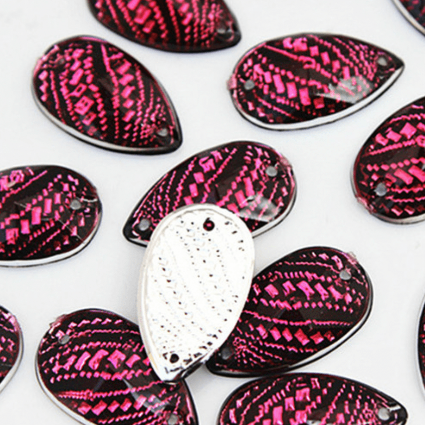 Sundaylace Creations & Bling Resin Gems Black & Pink 11*18mm Metallic Metal Textured Pattern Teardrop, Sew on, Resin Gem (Sold in Pair)